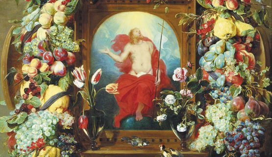 Frans Snyders (1579–1657): Virágfüzér gyümölcsökkel és a Mennybemenetel. Olaj, vászon, 1630–1640.
