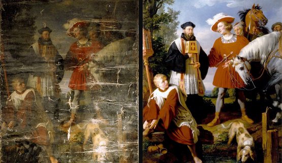 Johann Peter Krafft: Habsburg Rudolf és a szerzetes, restaurálás előtt és utáni állapot