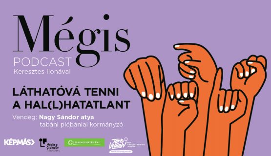 A Mégis podcast siket pasztoráció témájú adásának plakátja, rajzolt kezekkel