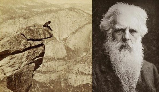 Két kép. Balra: Eadweard Muybridge egy sziklán; jobbra: Eadweard Muybridge portréja