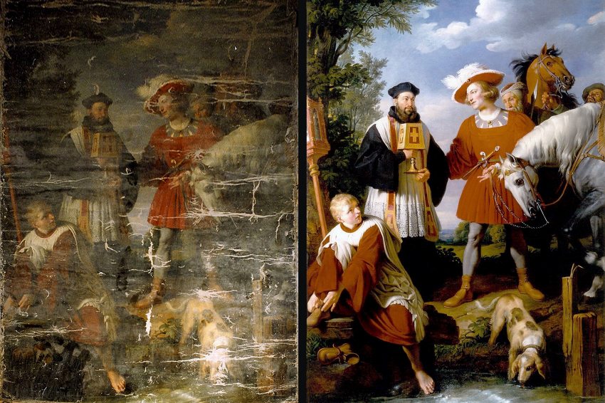 Johann Peter Krafft: Habsburg Rudolf és a szerzetes, restaurálás előtt és utáni állapot