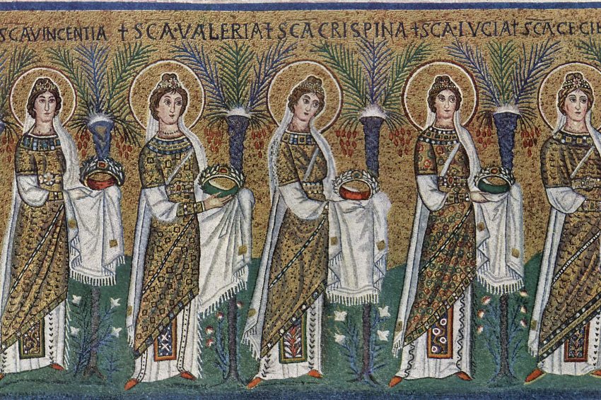 Szent nők fölvonulása. 550 körül, mozaik, San Apollinare Nuovo-székesegyház, Ravenna 