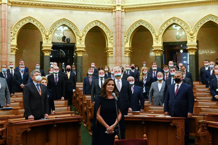 Katalin Novak making an oath in front of the Hungarian Parliament
