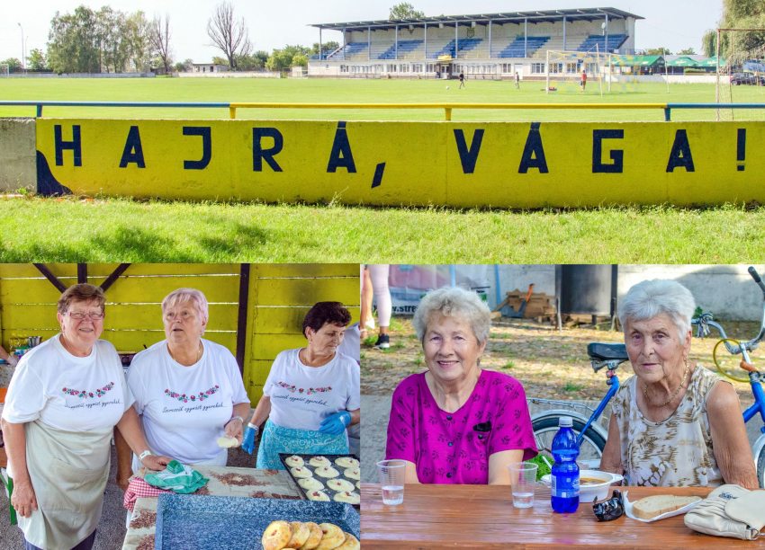 "Hajrá, Vága!" felirat és helyi asszonyok Vága településen