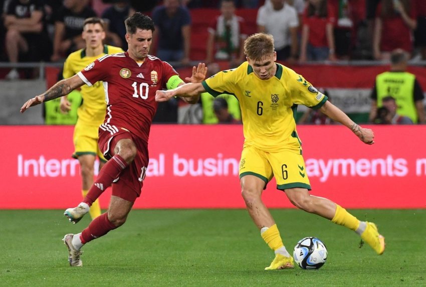 Dominic Szoboszlai playing football at the Hungary-Lithuania match