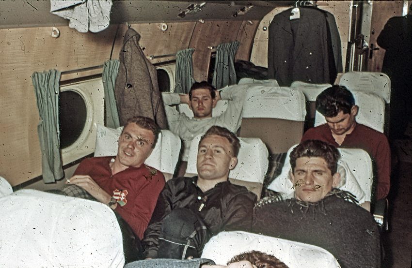 The group of sportsmen travelling to the XVI Summer Olympic Games. In the foreground István Hevesi water polo player, next to him Imre Polyák wrestler, and György Gurics wrestler, behind them Ervin Zádor water polo player, and Jenő Bakó, swimming master coach
