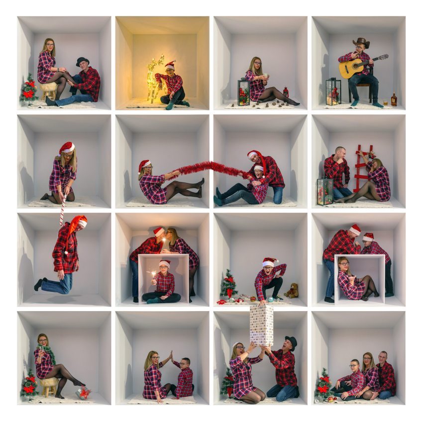 Photos of people posing in different small boxes