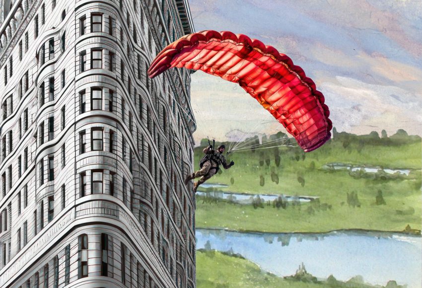 ejtőernyővel ablakon kiugró ember (rajz)