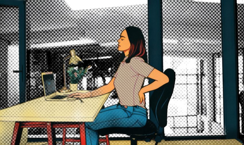 derékfájás ülőmunkát végző nőnél (rajz)