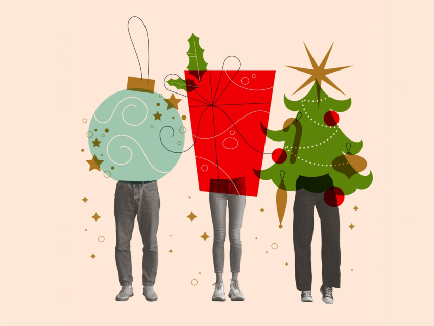 stresszmentes karácsony témájú cikkhez rajz: karácsonyfadíszeket tartó emberel