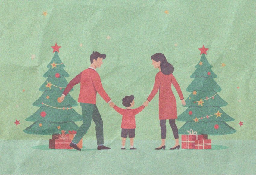 karácsony válás után: szülei kezét fogó gyerek (rajz)