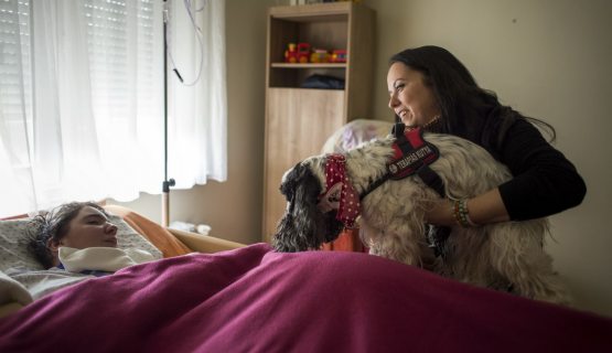 Tuza Erika terápiás kutyájával a Tábitha Házban