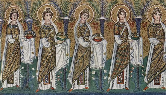 Szent nők fölvonulása. 550 körül, mozaik, San Apollinare Nuovo-székesegyház, Ravenna 