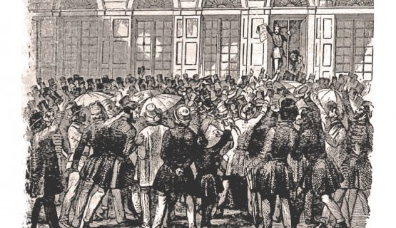 1848 március 15 egy rajzon: A szabadsajtó első termékének kihirdetése