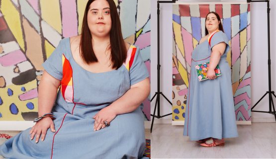 Sőrés Lia festőművész a Dress-codung neki tervezett ruhájában