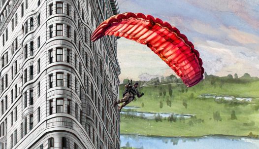 ejtőernyővel ablakon kiugró ember (rajz)