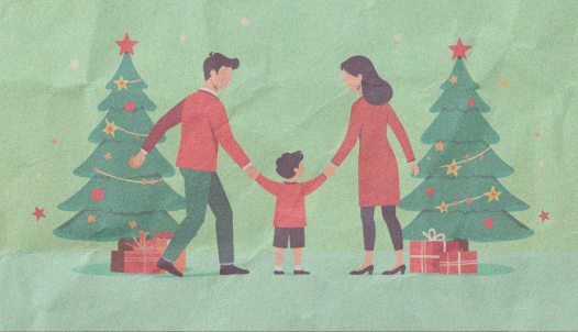 karácsony válás után: szülei kezét fogó gyerek (rajz)