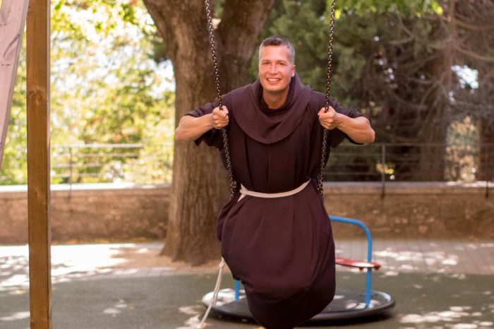 Mihály Zillich Franciscan monk on a swing