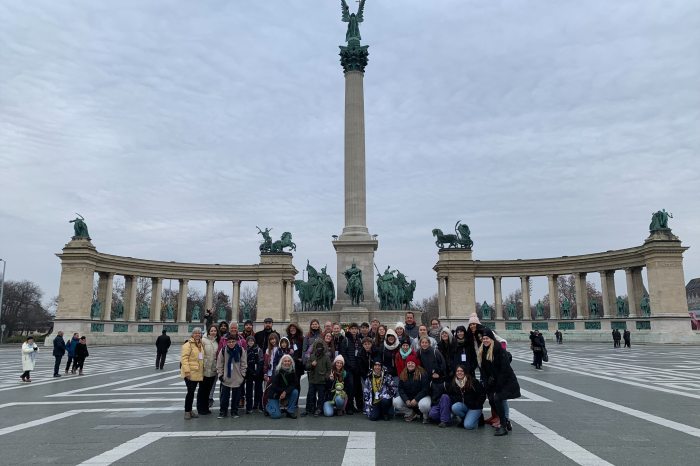 The group of students on Hero Square in Budapest