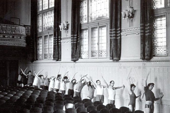 musicians excercising in Solti Hall