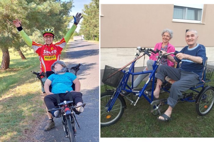 Left: a disabled girl sitting in the fron of a converted bike, Right: an eldelrly couple riding a special tandem bike