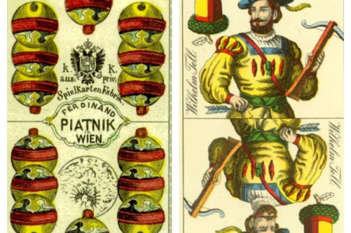The acorn upper knave card with William Tell from the card painter Ferdinand Piatnik of Vienna, whose predecessor was the card design by József Schneider -  and the seven of bells (circa 1865) 