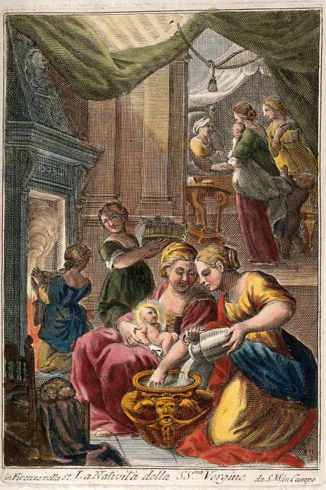 Szűz Mária első fürdőjét bába készíti el