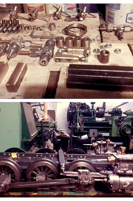 Parts of Kálmán Varga's steam locomotive in the workshop