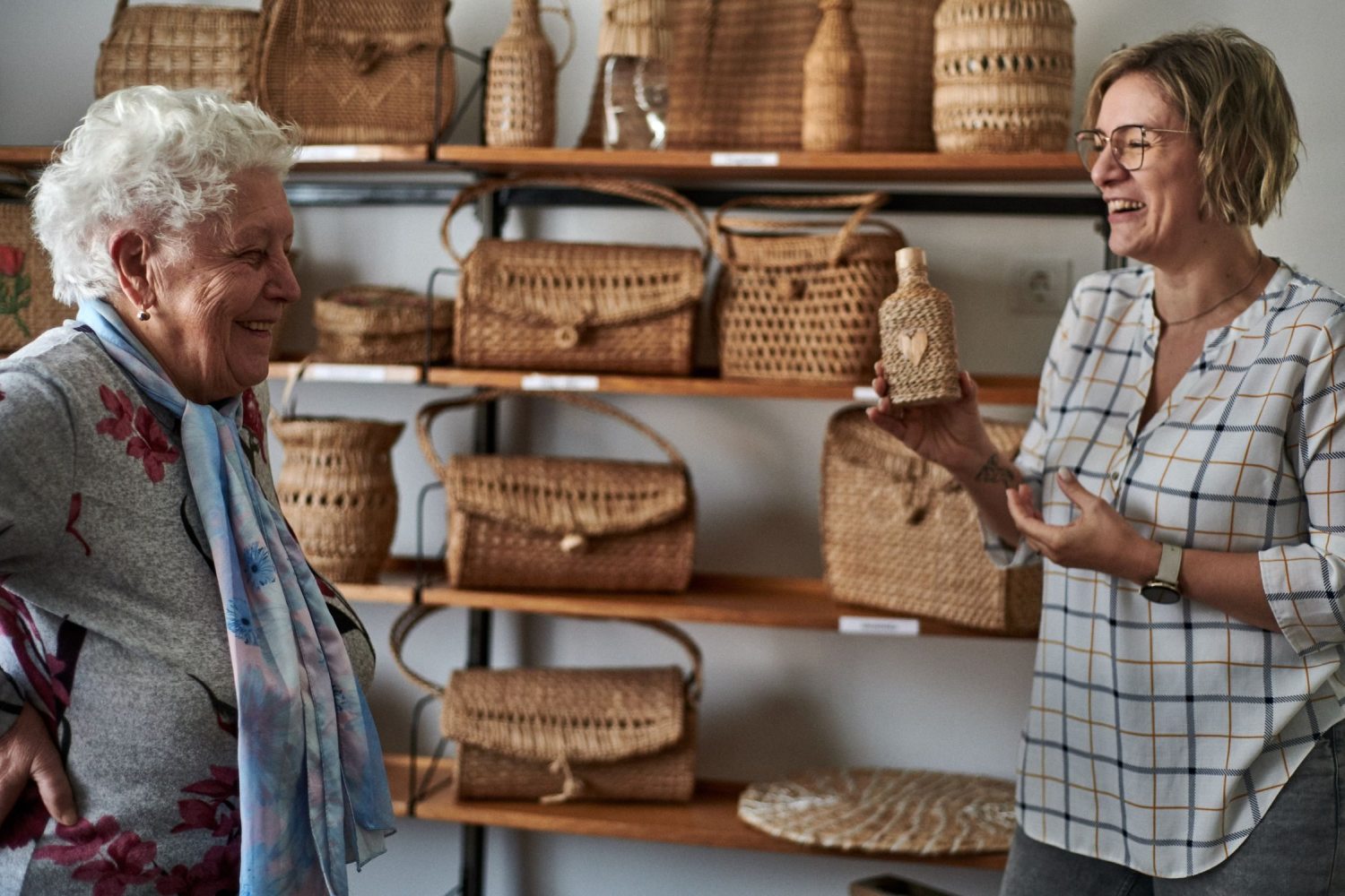 Elvira in the showroom with Fáni Németh, Public Culture Coordinator