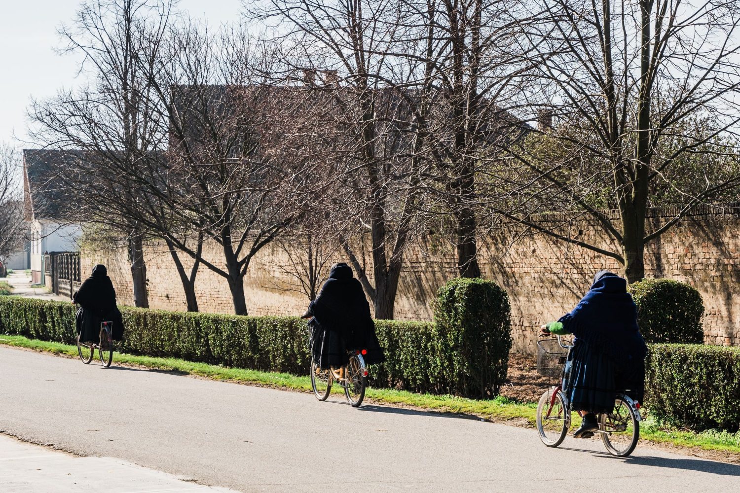 Old ladies in Swabian attire cycling in the street