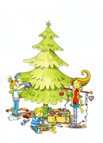 Karácsonyfát díszít a család