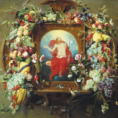 Frans Snyders (1579–1657): Virágfüzér gyümölcsökkel és a Mennybemenetel. Olaj, vászon, 1630–1640.
