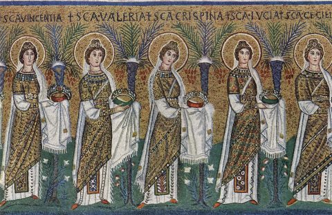 Szent nők fölvonulása. 550 körül, mozaik, San Apollinare Nuovo-székesegyház, Ravenna