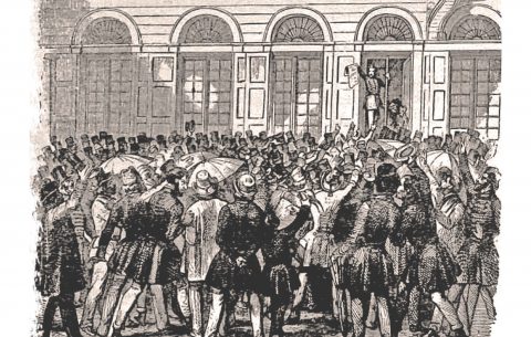 1848 március 15 egy rajzon: A szabadsajtó első termékének kihirdetése