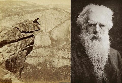 Két kép. Balra: Eadweard Muybridge egy sziklán; jobbra: Eadweard Muybridge portréja