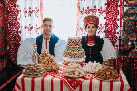 Zsuzsa Enikő Kocsis and her husband after the wedding ceremony in their traditional folk attire