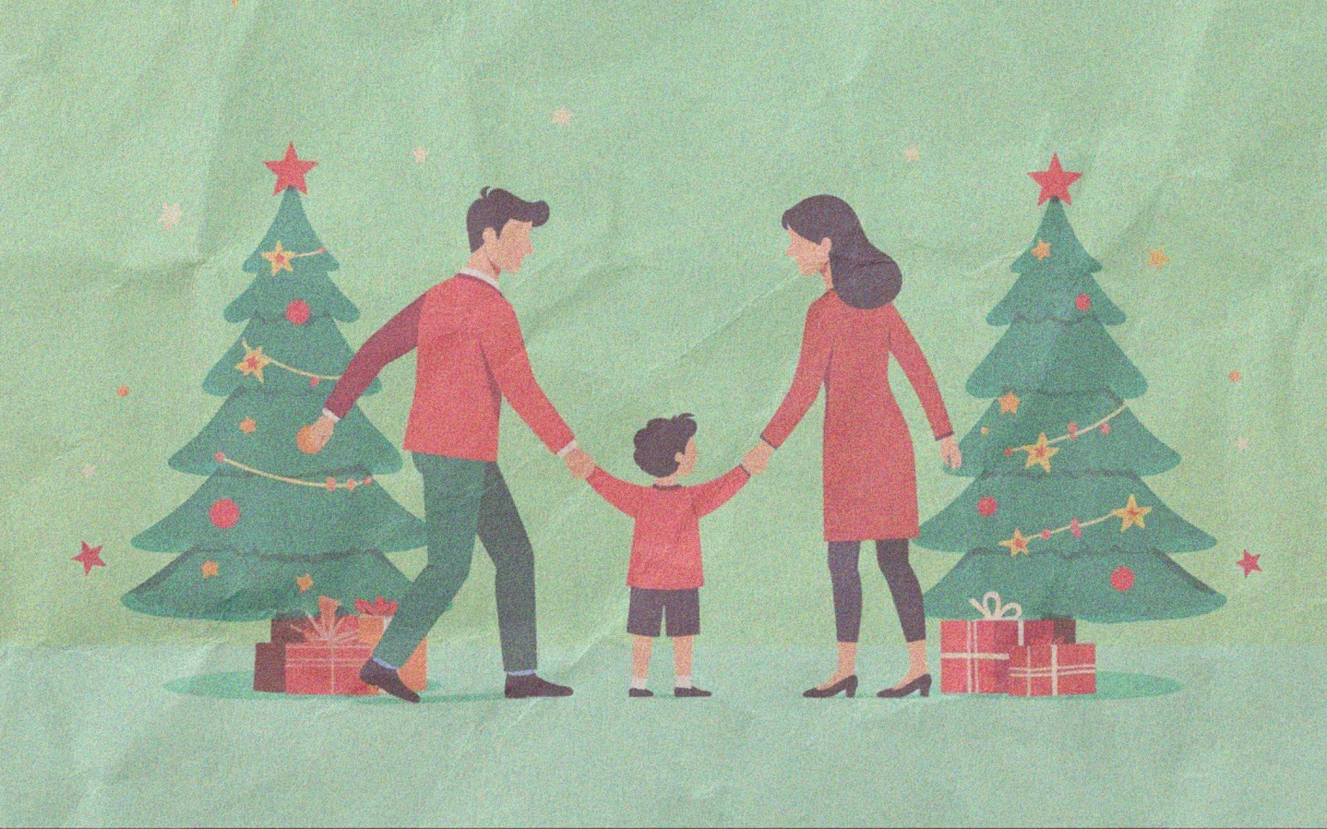 karácsony válás után: szülei kezét fogó gyerek (rajz)
